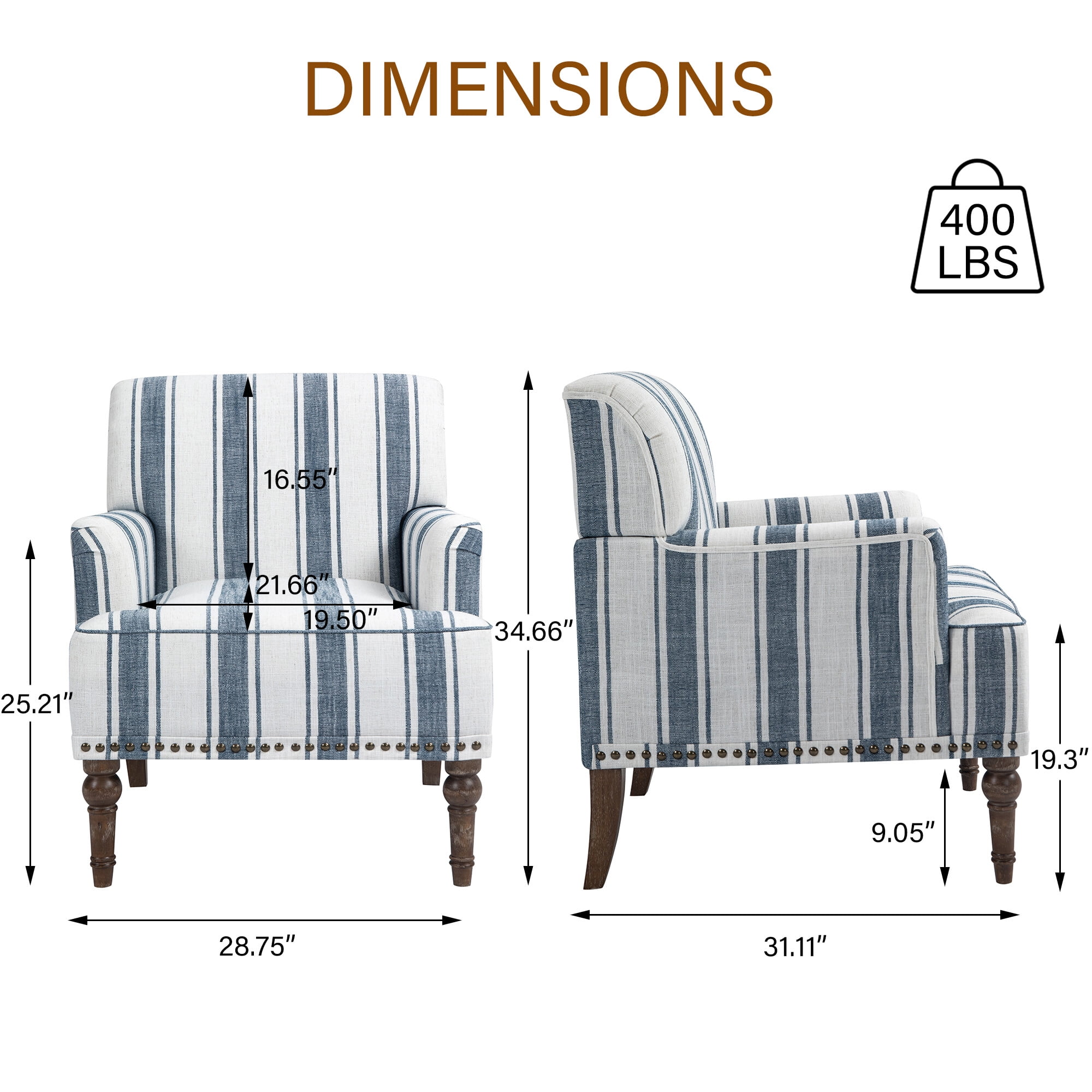 DREAMSIDEA Stripe Accent Chairs Set of 2,Living Room Chair with Arms, Comfy Single Sofa Reading Chair Nailhead Trim for Bedroom, Navy Blue