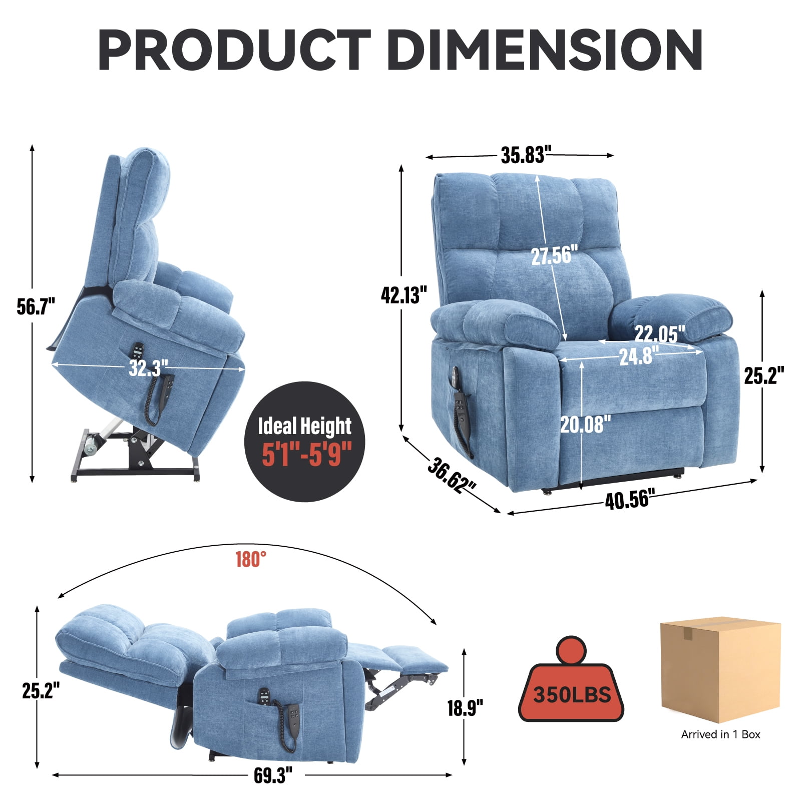 Alvantor Large Power Lift Recliner Chair for Elderly Dual Motor Chenille Electric Recliners Chair with Massage and Heat for Living Room Blue