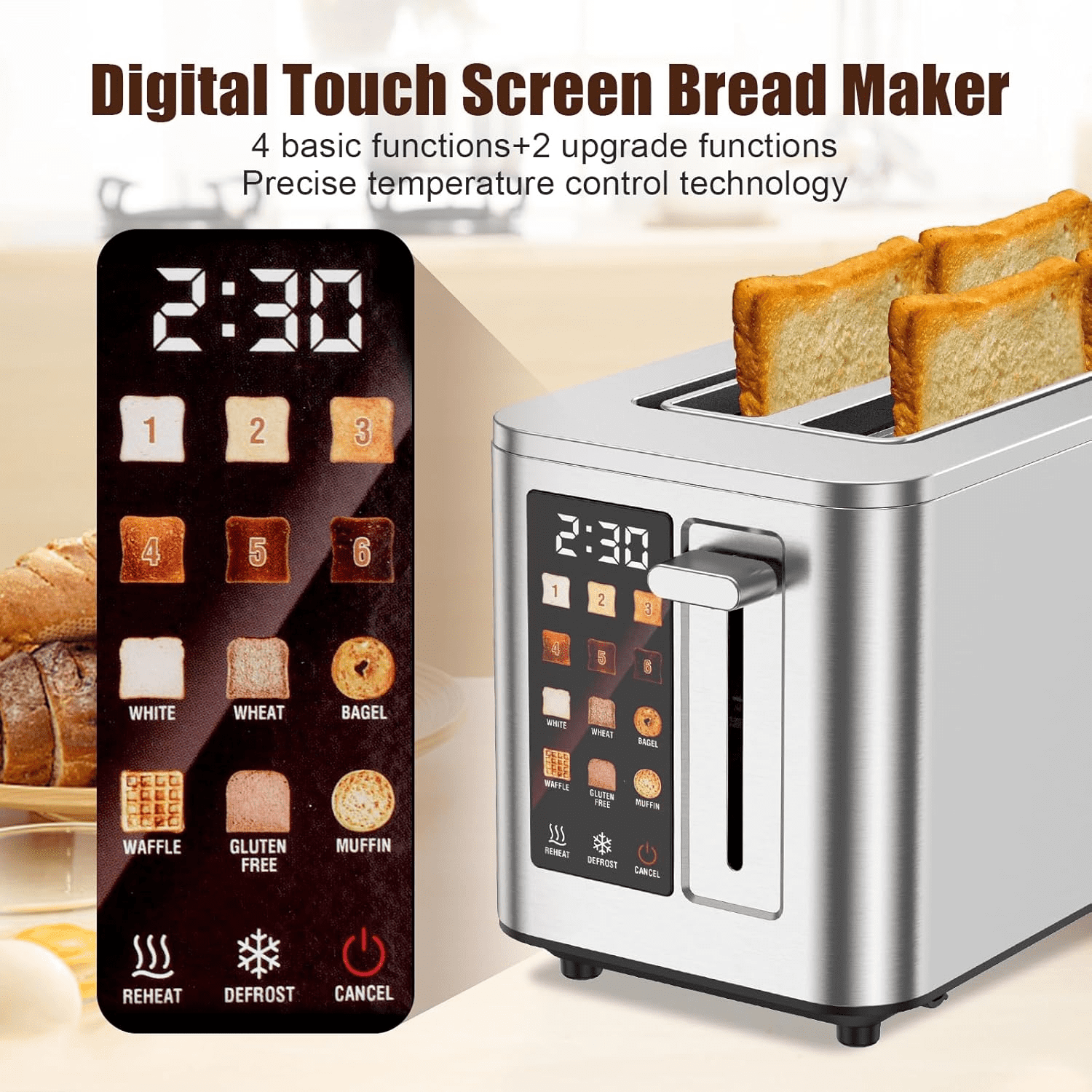 Digital 2 Slice Toaster, Stainless Steel Touchscreen Bread Toaster with LED Countdown Timer, 1.5" Extra Wide Slots, 6 Bread Types & 6 Shade Settings, Defrost/Reheat/Cancel Functions, Silver