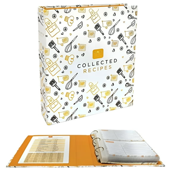 Recipe Binder, 8.5" x 9.5" 3 Ring Binder Organizer Set (with 50 Page Protectors, 100 4" x 6" Recipe Cards & 12 Category Divider Tabs) by Better Kitchen Products, Black & Gold Montage Design
