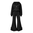 thumbnail image 5 of Szluipve 2 Piece Sets for Women Half Zip Hooded 2 Piece Tracksuit Set Long Sleeve Pullover Hoodie Top & Ruffle Hem Flare Wide Leg Pants Casual Loungewear Outfit with Pockets Black XL, 5 of 8