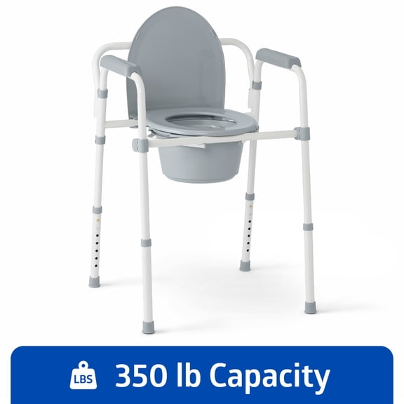 Medline 3-in-1 Bedside Commode, Portable Toilet, Sturdy, 350 lb Weight Capacity, Steel, Gray, Folding