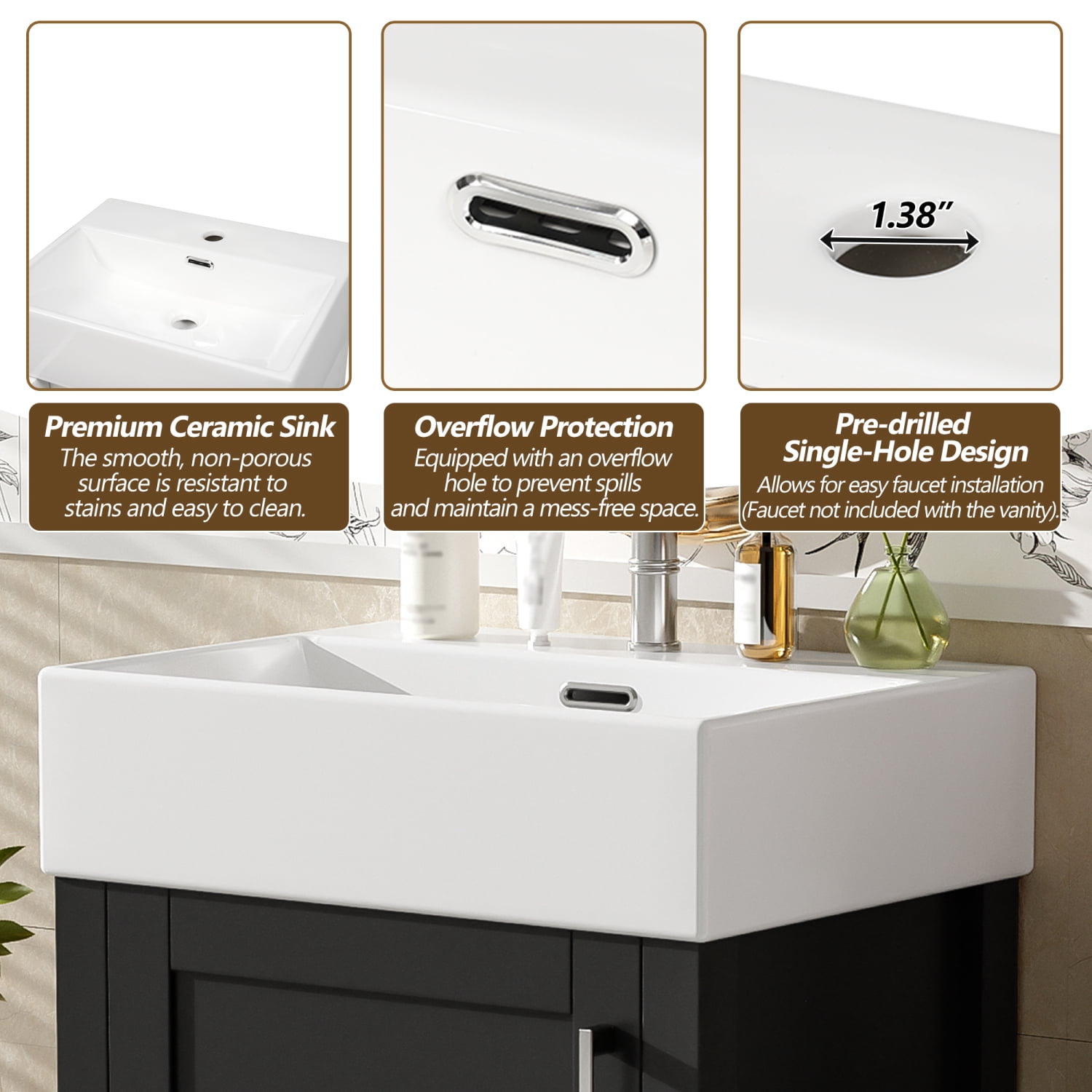 Lisonu 20-Inch Bathroom Vanity for Small Bathrooms, Modern Freestanding Single Sink Vanity with Ceramic Top, Solid Wood Frame, Soft-Close Door & Drawer, Black