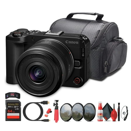 Canon EOS R50 V 24.2MP APS-C Mirrorless Camera with 14–30mm Power Zoom Lens, 4K60p Video, Flip Screen (6895C012)   64GB Card   Camera Bag   HDMI/Micro Cable   Tripod Bundle