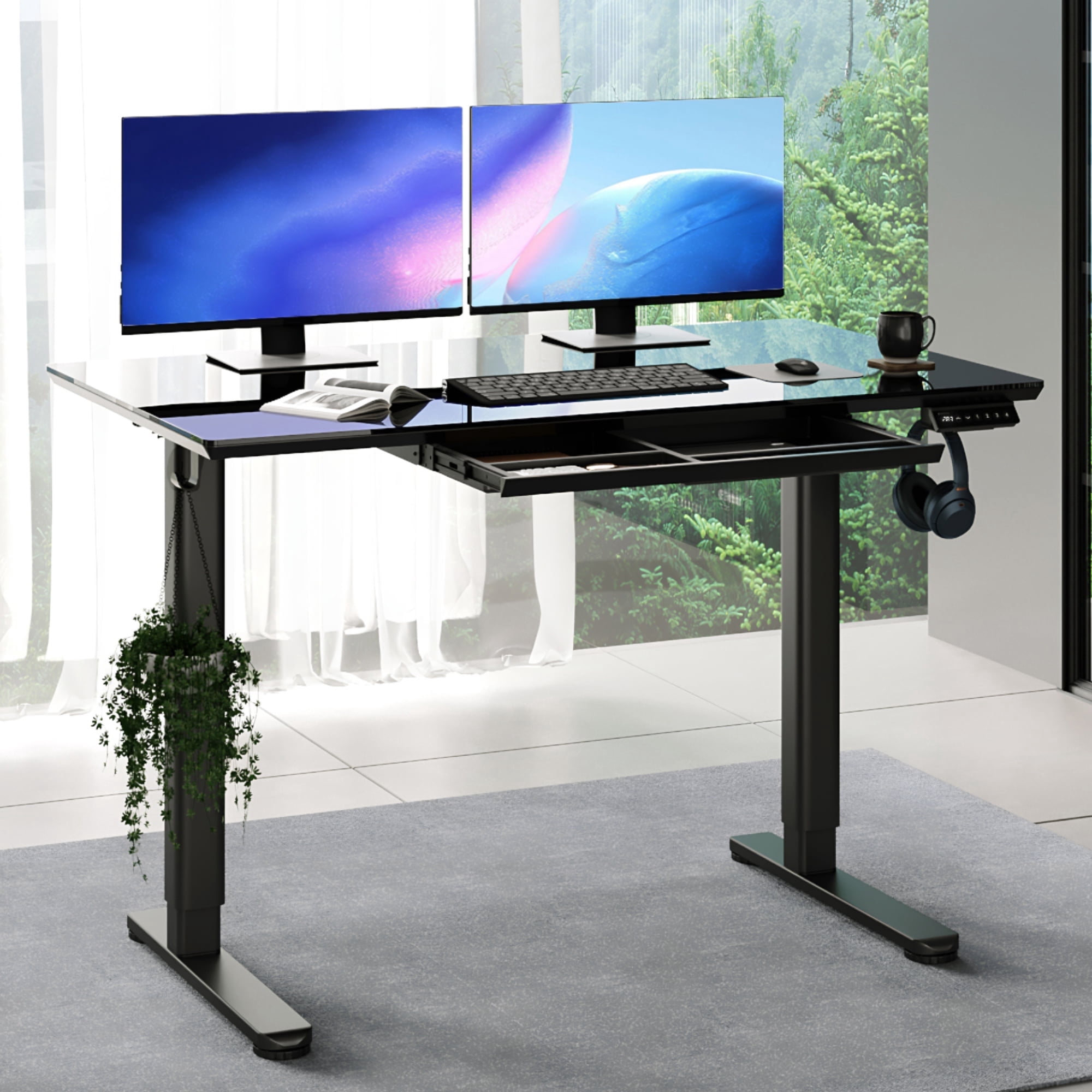 INNOVAR Glass Standing Desk with 1 Drawer, 48 × 24 inch Adjustable Stand up Office Desk, Electric Writable Glass Top Home Study Sit to Stand Computer Desk, Black