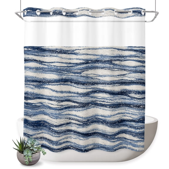 No Hook Shower Curtain, Vintage Navy Blue Waves Shower Curtains for Bathroom with See Through Top Window, Coastal Nautical Abstract Art Waterproof & Washable Bath Curtain Standard 72"x72"