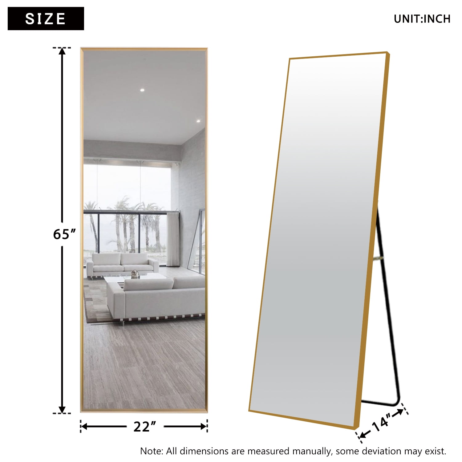 Full Length Standing Floor Mirror with Aluminum Alloy Thin Frame, Gold, 65" x 22"