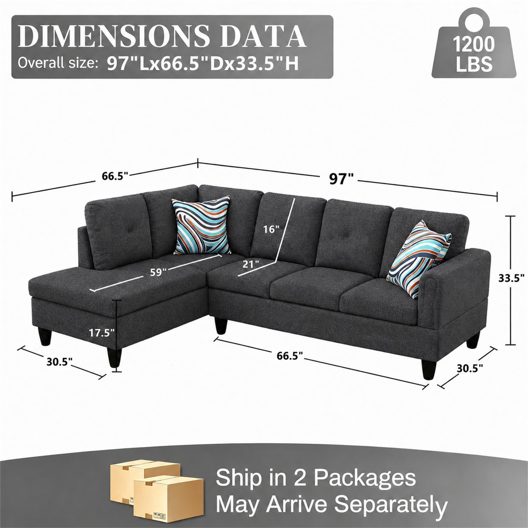 Aukfa 97" Classic Sectional Sofa 4 Seat L shape Couch with Oversized Left Chaise for Living Room, 2Pillows, Linen, Black Gray