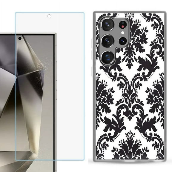 OneToughShield ® Compatible with Samsung Galaxy S24 Ultra, Shockproof Phone Case, with Tempered Glass Screen Protector - Victorian White/Black