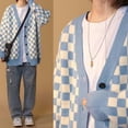 thumbnail image 7 of Korean Fashion Plaid Cardigan Sweater Women Japanese Style Oversized V-neck Knitted Jumper Female Vintage Autumn Coats-Blue-L, 7 of 7