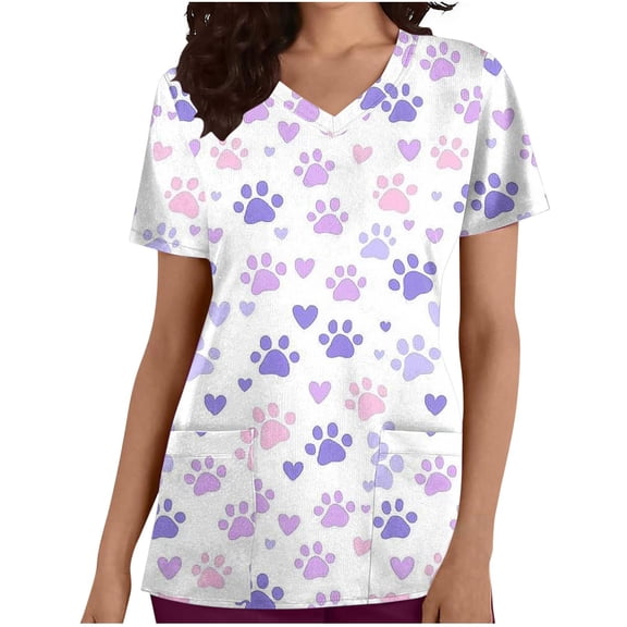 Olyvenn Womens V Neck Printed Scrub Tops Plus Size Medical Nursing Tops Loose Casual Floral Scrubs with Pocket Watermelon Red XXL