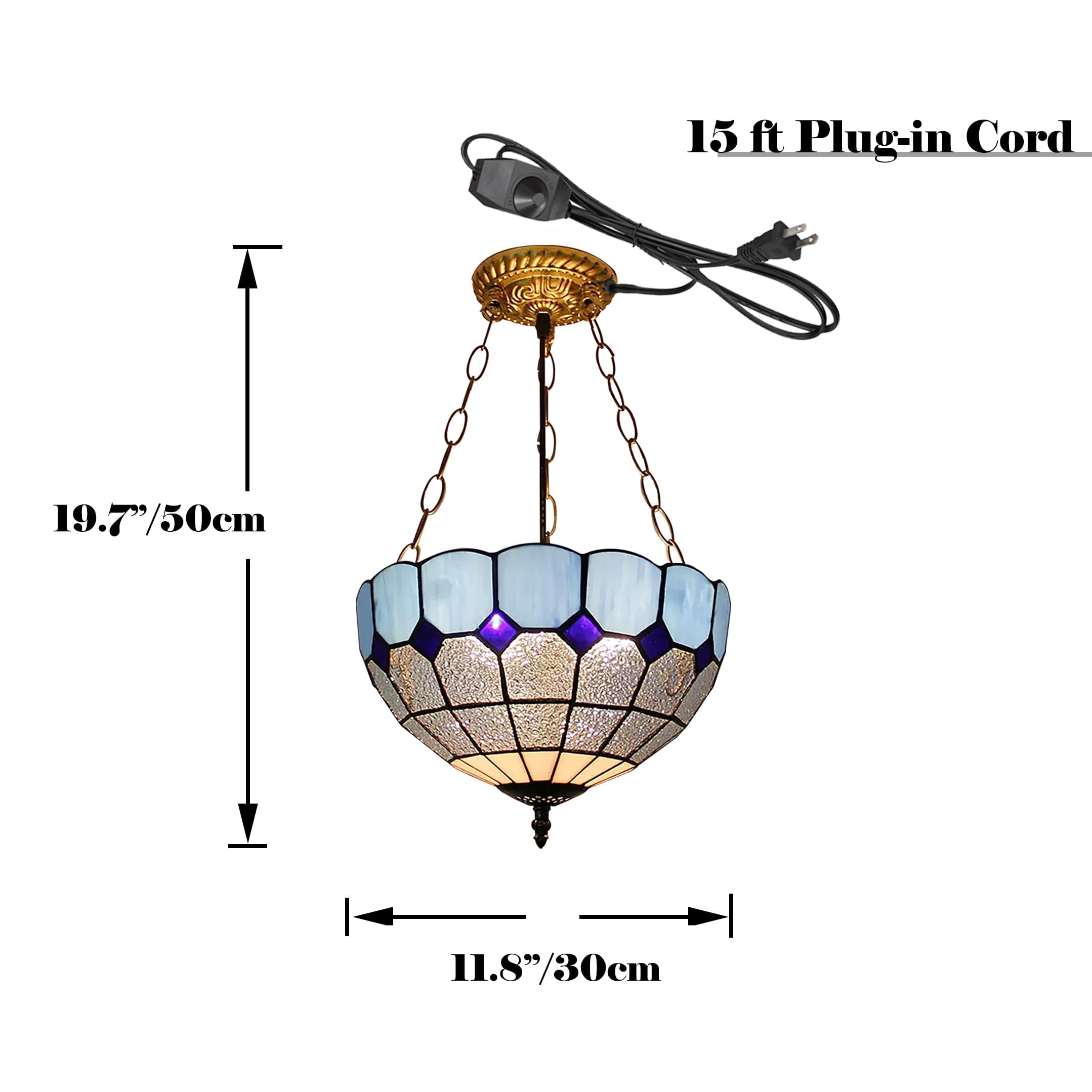 Kiven 11.8in Plug-in Flush Mount Ceiling Light Fixture, 3-Light Anti Glare Close to Ceiling Light with 15FT Cord, Tiffany-Style Glass Chandelier Dimmable for Bedroom Kitchen Hallway(No.3226-DBL)
