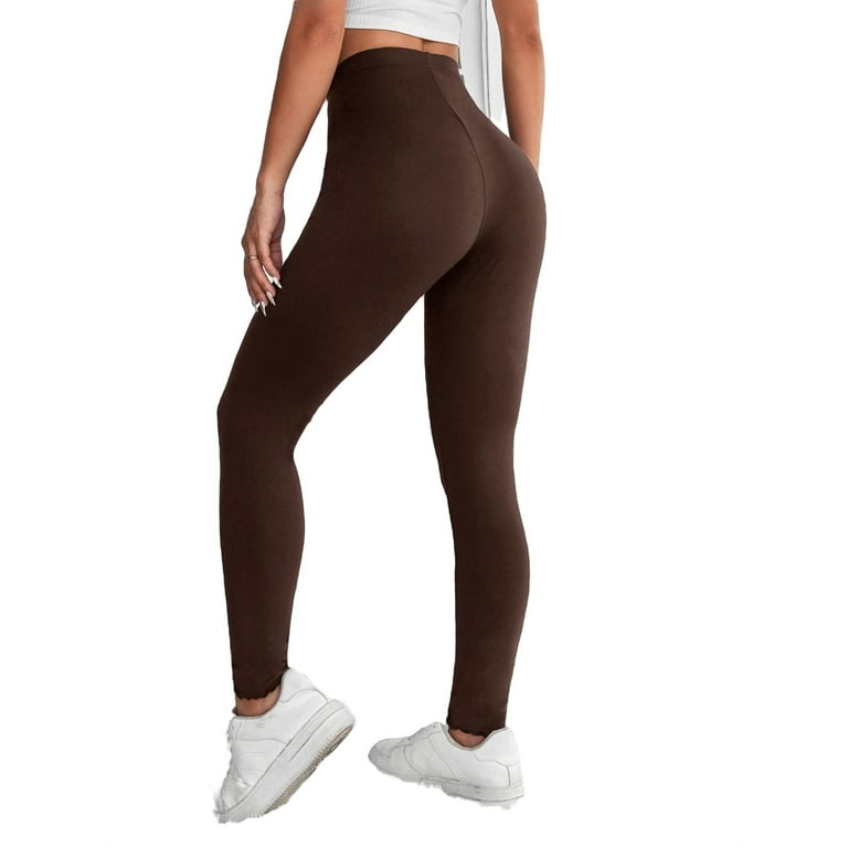 Women's Casual Plain Regular Coffee Brown Leggings Petite M