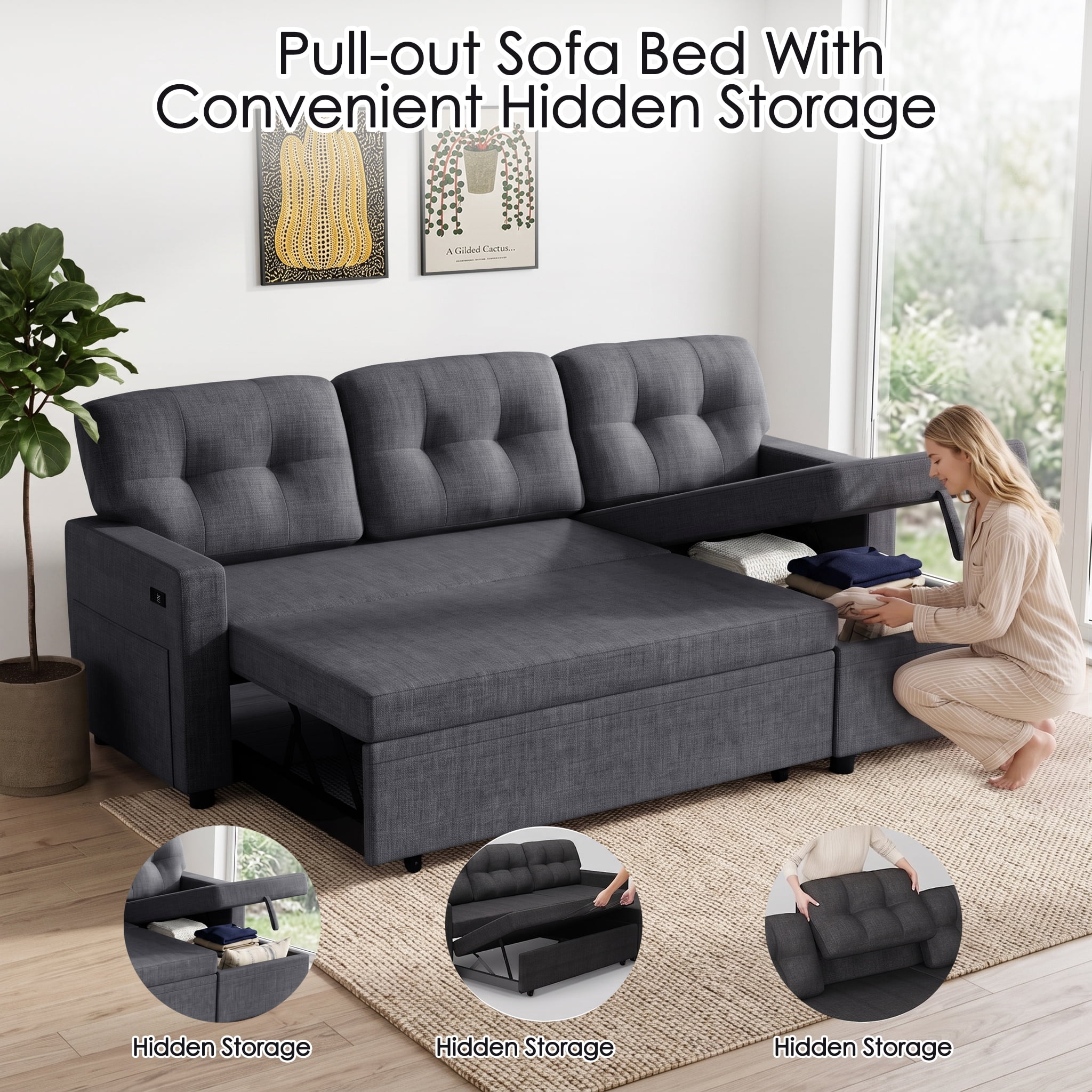avobird 82" L Shaped Sleeper Sofa Bed, 3-Seat Convertible Sectional Couches with Storage Chaise, Linen Fabric Pull Out Couch for Living Rooms, Apartment, Dark Gray