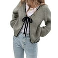thumbnail image 2 of Women'S Tie Front Bow- Cardigan Sweaters Chunky Knit Long Puff Sleeve Trendy Fall Winter Jacket Coats Grey M, 2 of 5