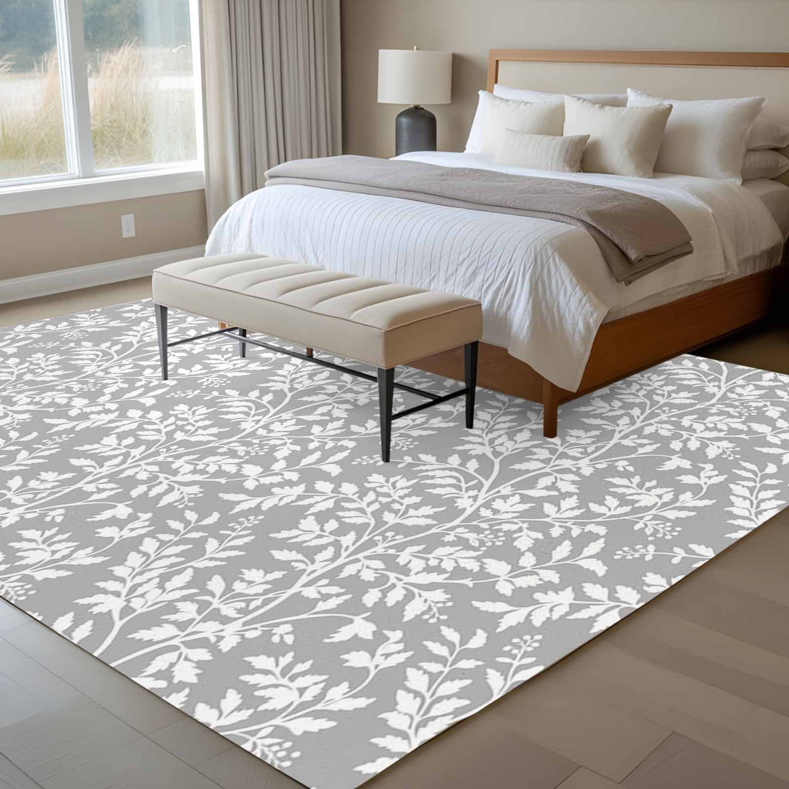 Large Area Rugs for Living Room Bedroom, Grey Spring Floral 8'x10' Rug Washable Carpet Runner Indoor Outdoor, Farmhouse Flowers Elegant Pastoral Non Slip Floor Mats Rug for Kitchen, Patio