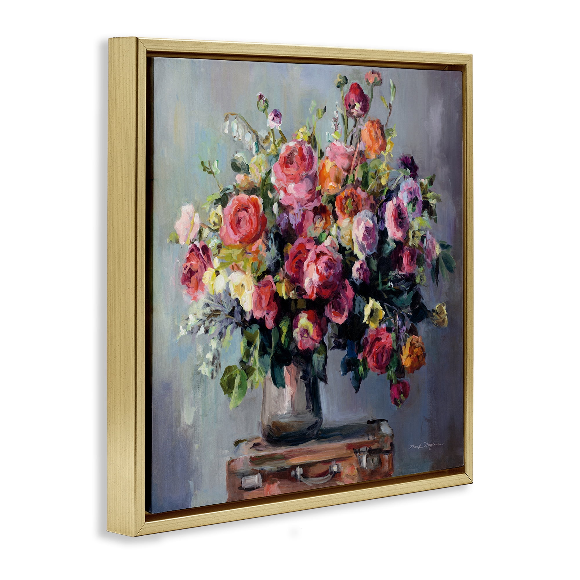 Stupell Industries Abundant Rose Bouquet Plants & Flowers Painting Gold Floater Framed Canvas Art Print Wall Art, 25 x 25