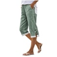 thumbnail image 2 of hlysgo Striped Linen Pants for Women Elastic High Waisted Cropped Capris Side Button Summer Vacation Capri Pants with Pockets Green,XL, 2 of 6