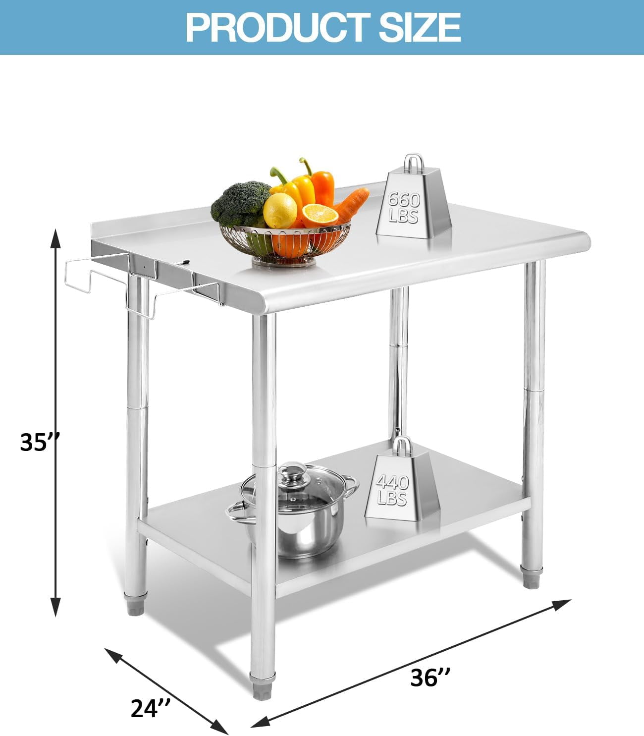 Kselythan Stainless Steel Table,Heavy Duty 2 Tier Worktable with Casters Backsplash Food Preparation Stainless Steel Table,Metal Prep Table for Kitchen Restaurant Commercial Workstation