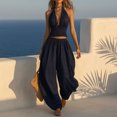 thumbnail image 6 of Quixlent Women's Halter Sleeveless Summer 2 Piece Sets, Pleated Ruffle Backless V Neck Top And Wide Leg Pants Matching Outfits, 6 of 8