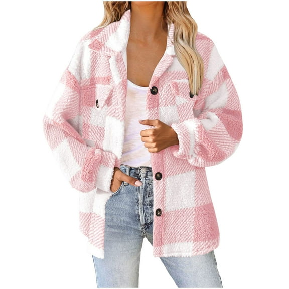 QQAMB Shackets for Women Fuzzy Fleece Jacket Zip Up Lapel Collar Plaid Jackets Plus Size Fall Winter Sherpa Outerwear Pink XL