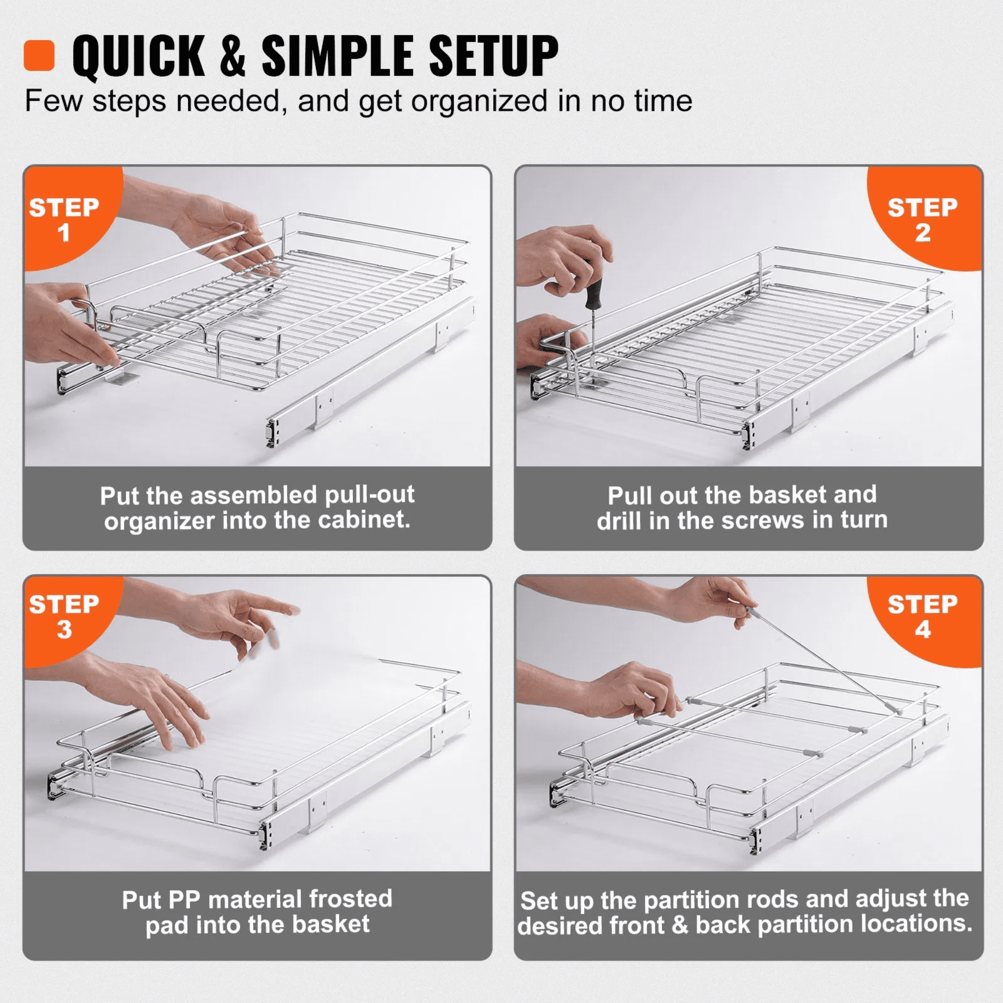 Pull Out Cabinet Organizer, 12.5” W x 16.5” D Heavy Duty Sliding Pantry Shelf, Steel Roll-Out Drawer for Kitchen Cabinets, Under Sink Storage Organizer