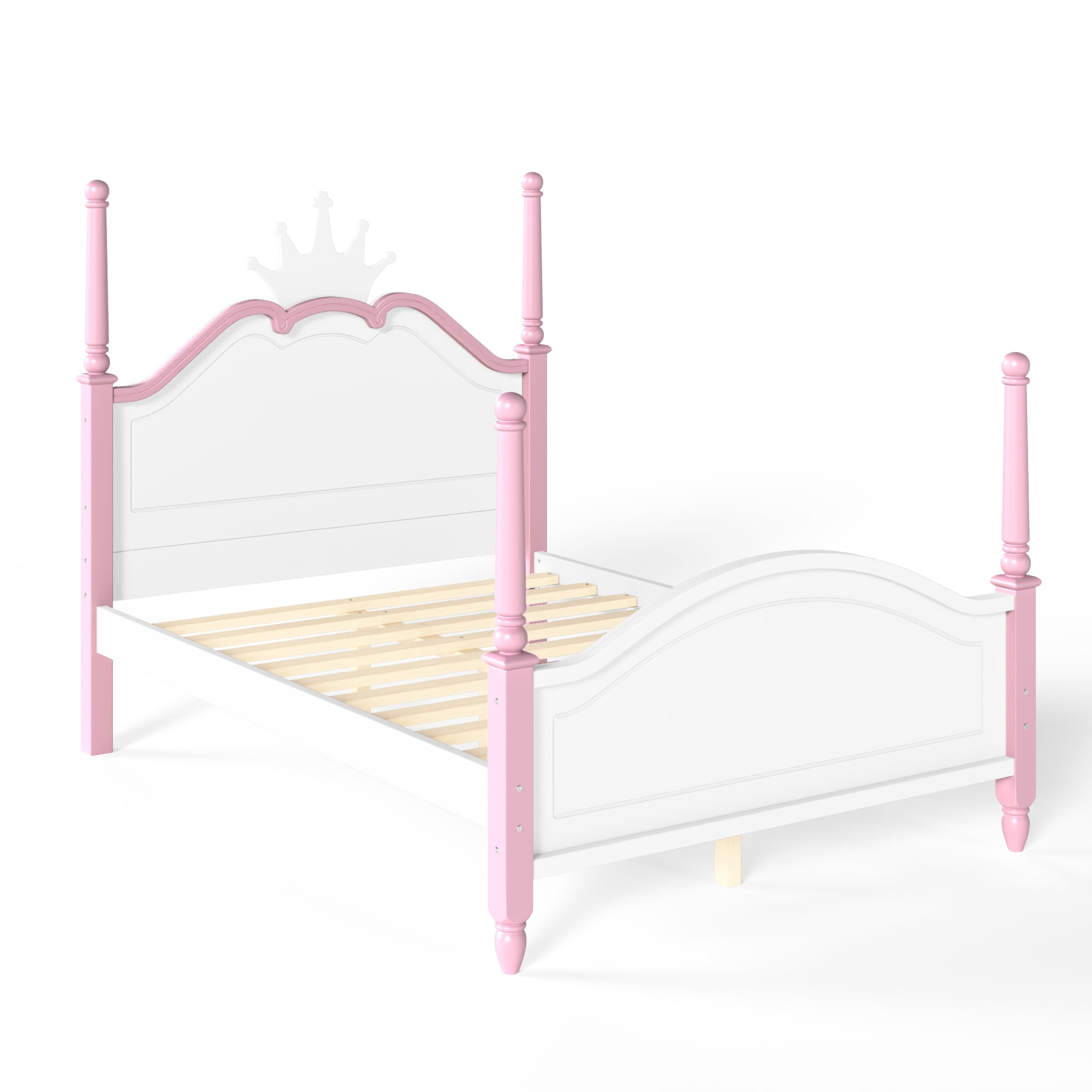 GARITIN Full Size Crown Shaped Platform Bed, Four Poster Wooden Bed Frame, Elegant Curved Headboard Bed Frame for Bedroom Guest Room, White&Pink