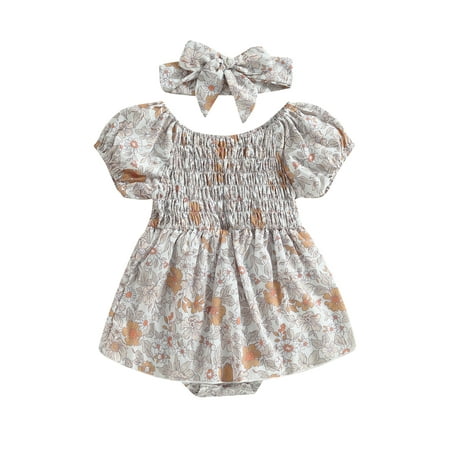 

Coduop Infant Baby Girls Rompers Floral Short Sleeve Jumpsuits Summer Bodysuit with Headband