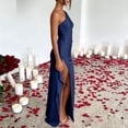thumbnail image 5 of Women's One Shoulder Ruched Satin Maxi Dress, Solid High Side Slit Slimming Flowy Midi Long Date Night Dress Navy L(L), 5 of 6