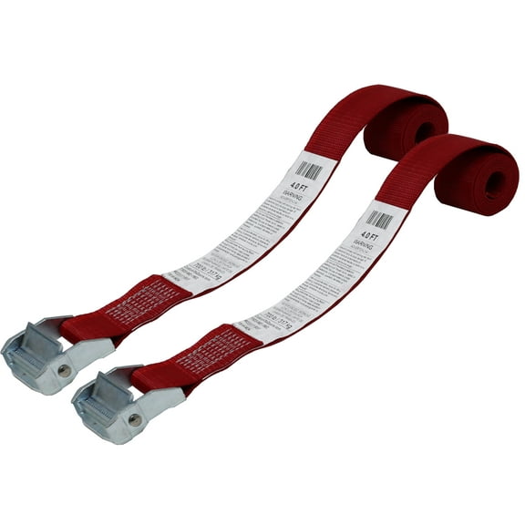 CustomTieDowns 2 Pack, 2 Inch x 4 Foot Cinch Strap Endless Loop Tie Down (No Hooks). Zinc Diecast Rust Proof Cam Buckle, Polyester Tie-down Webbing. (Dark Red) 1614