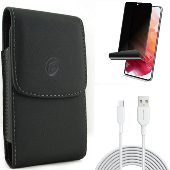 Privacy Screen Protector w 6ft USB-C Cable w Case Belt Clip for Samsung Galaxy S21 Plus - TPU Film Fingerprint Works, Type-C Fast Charger, Leather Holster Accessory Bundle