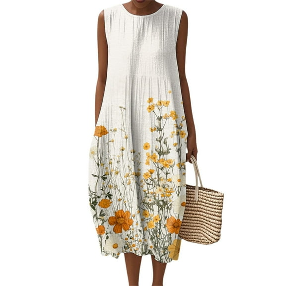 Women's Summer Maxi Dress 2025 Sleeveless Round Neck Floral Elegant Temperament Dress Casual Loose Long Beach Sundress Travel Vacation Outfits