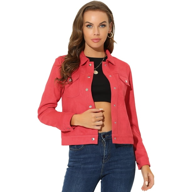Chaqueta de gamuza sintética Allegra K con botones a presión Rojo S