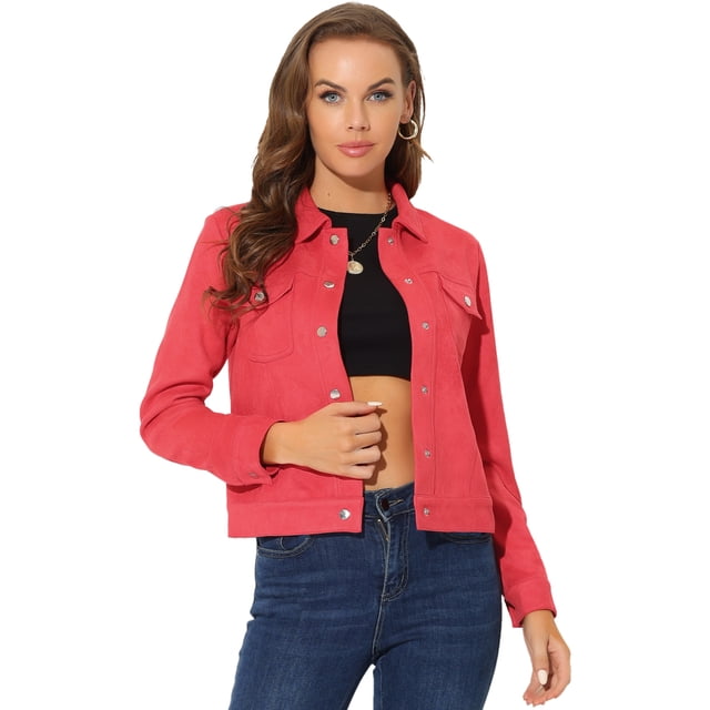Chaqueta de gamuza sintética Allegra K con botones a presión Rojo S