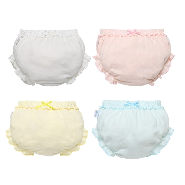 TZEWGL 4 multi-packs underpants for girls featuring solid colours with bowknot accents and ruched hems. Includes four pairs in pastel shades of white, pink, yellow, and light blue. Designed for toddlers aged 2-3T, made from soft cotton for comfort and breathability. Elastic waistband ensures a secure fit, suitable for all seasons.