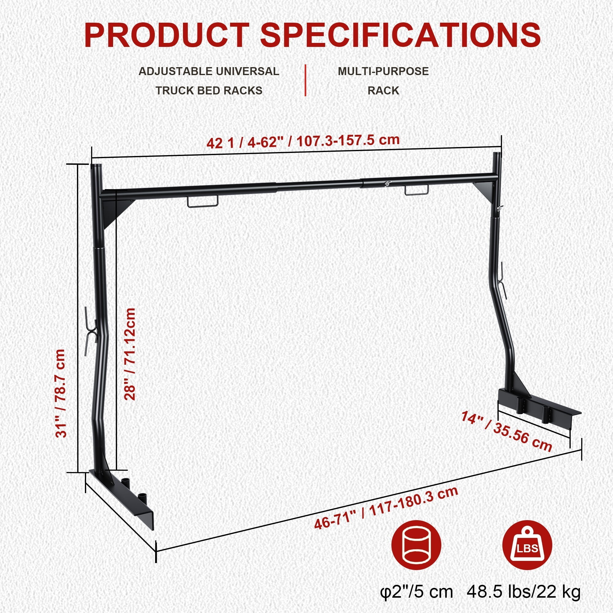 AENKYO Heavy-Duty 900LB Capacity Truck Ladder Rack | No Drill, Adjustable Clamp-On Design | Fits 46"-71" Pickup Beds