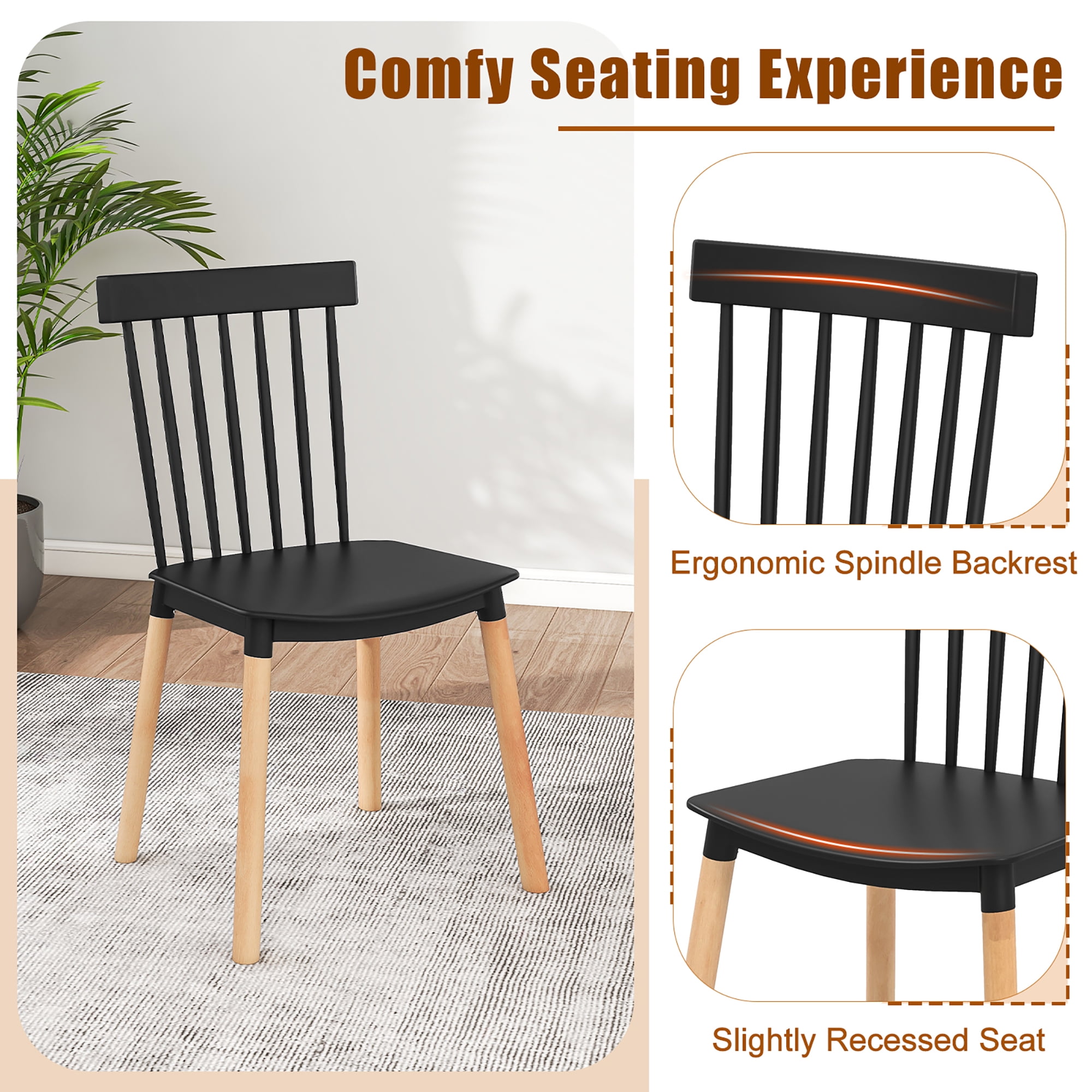Gymax Set of 4 Windsor Dining Chairs Dining Chairs w/ Spindle Backs & Curved Seats Black