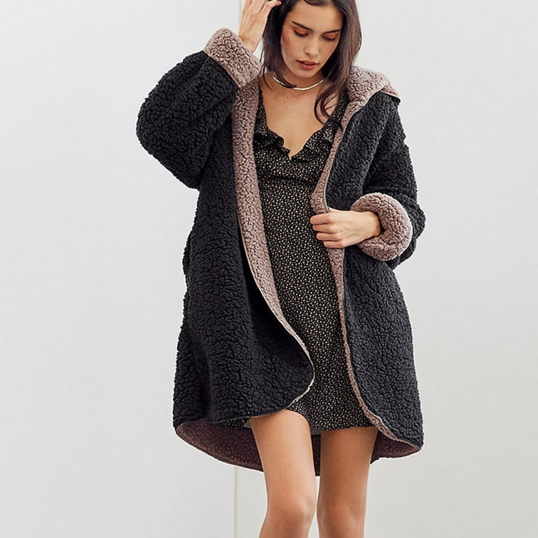 Olyvenn Deals Women's Autumn And Winter New Large Coat Solid Color Plush  Solid Color Hooded Cardigan Coat Women Cold Weather Thicken Furry Lined