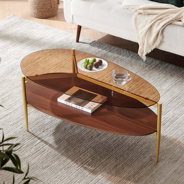 Rectangle Coffee Table Mid-Century Modern Design L W x H for Living Room - Structure Amber Glass Top and Walnut MDF Shelf Sleek Conical Metal Legs with Gold Finish