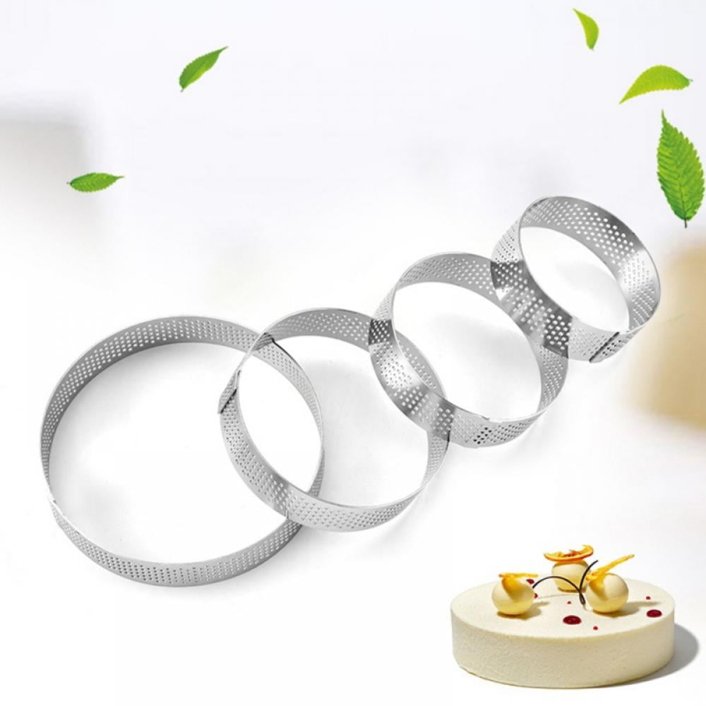 Stainless Steel Tart Ring Circular 4 Pack Stainless Steel Porous Tart Ring Bottom Tower Pie Cake Mould Baking Tools Heat-Resistant Perforated Cake Mousse Ring 