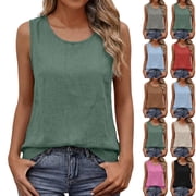 FengLS Summer Tank Tops for Women Solid Color Cotton-Linen Lightweight Vest Tops Loose Breathable Round Neck Sleeveless Casual Outdoor T-Shirt