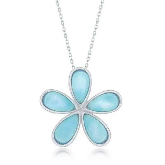 925 Sterling Silver Hawaii Natural Larimar Gemstone High Polished Daisy Flower 18’’ Pendant Necklace