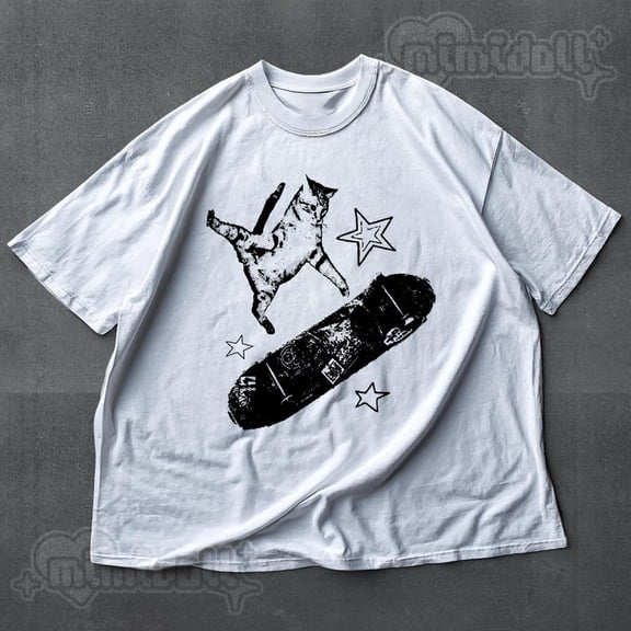 Skateboard Cat Y2K Shirt 90S Vintage Kitten Tshirt, Rockstar Cat Tee WHITE Unisex S-5XL Hot Trending Shirt, Vintage Birthday Gift