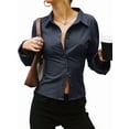 thumbnail image 2 of Women'S Button Down Shirts Striped Long Sleeve Collared Casual Work Blouses Tops Trendy Outfits Navy Blue M, 2 of 8