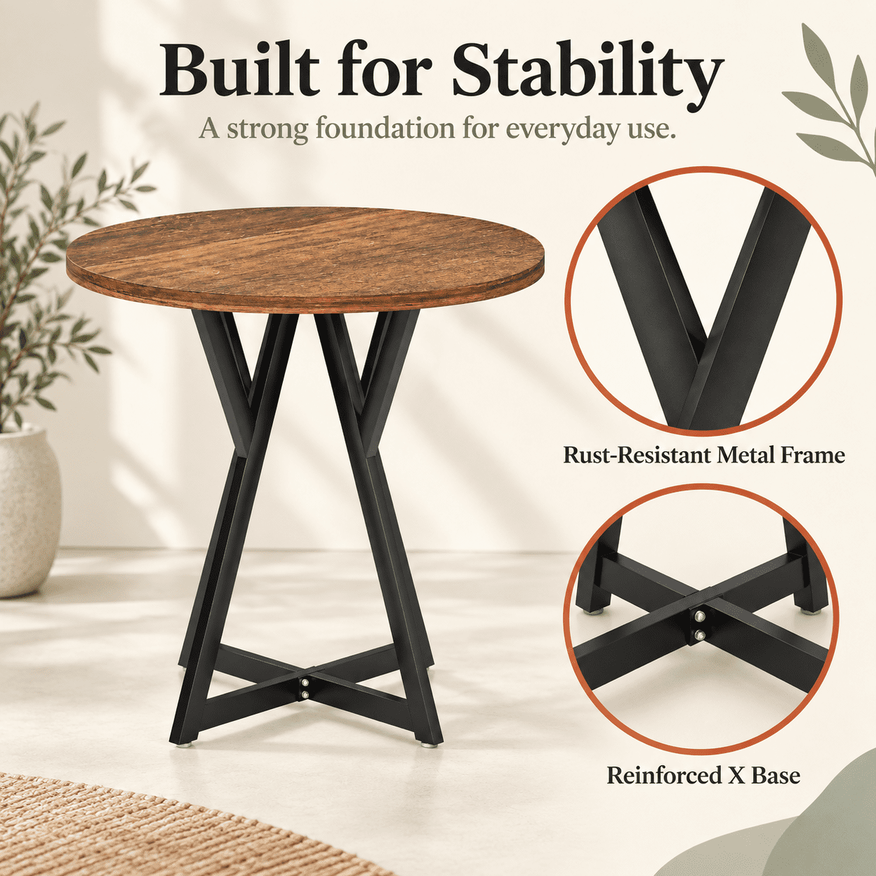 Furnibear 36 Inch Round Dining Table with Sturdy Metal Pedestal Base, Rustic Wood Grain for Kitchen Dining Room Small Space, Antique