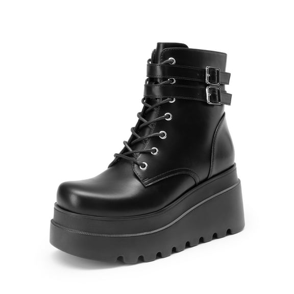 BURUDANI Women Chunky High-Heel Platform Combat Ankle Boots Goth Lace-Up Motorcycle Booties