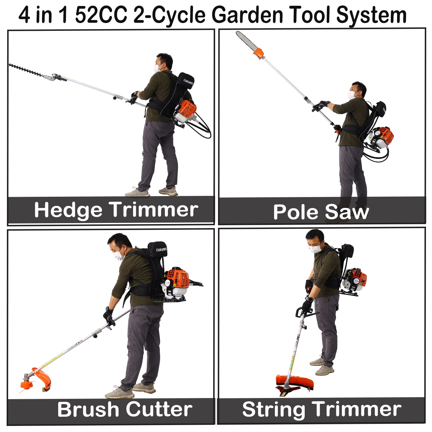 52CC 2-Cycle Gas Powered Weed Eater, iRerts Backpack 4 in 1 Multi-Functional String Trimmer with Gas Pole Saw, Hedge Trimmer, Grass Trimmer, Brush Cutter, Lawn Trimmer for Grass Garden Yard