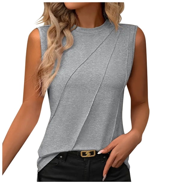 Top sin mangas de cuello redondo liso de verano para mujer - Corte holgado, mezcla de poliéster - Camiseta sin mangas informal para el día a día