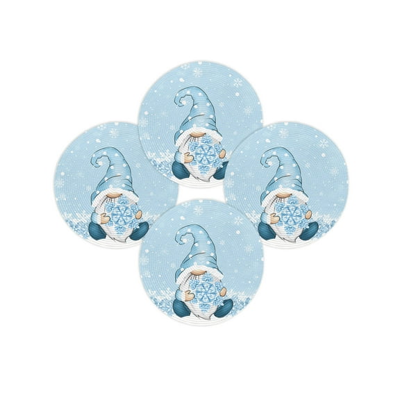 Christmas Round Placemats Set of 4 Snowflake Gnome Place Mats Washable Woven Placemat Blue Circle Braided Table Mat for Kitchen Dining Table Party Home Decor 15 Inch