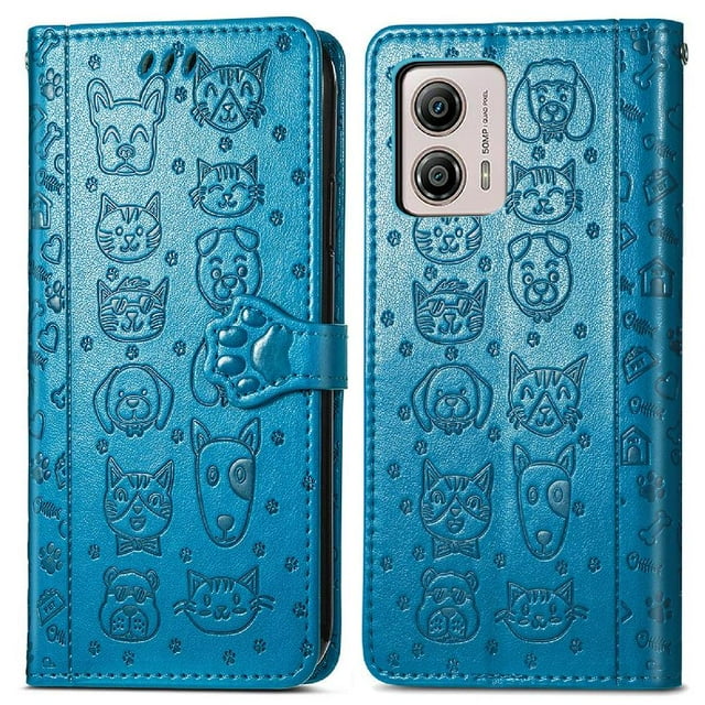 Funda Cartera FOXDOCK para MOTO G53 5G , Flip PU con Relieve de Gatos y Perros, Tarjetero y Soporte